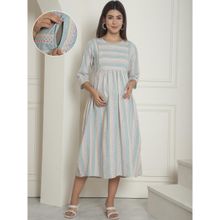 Moms Maternity Womens Ikkat Print Organic Khadi Cotton Green Maternity Dress