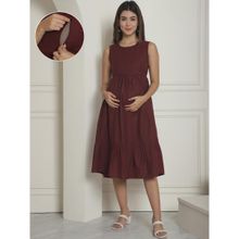 Moms Maternity Womens Black Dot Organic Khadi Cotton Maroon Maternity Midi Dress