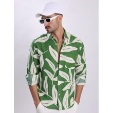 Bene Kleed Men Green and White Printed Linen Shirt