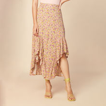 Twenty Dresses by Nykaa Fashion Beige Floral Printed Asymmetric Midi Skirt