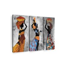 POSTERS AND TRUSS 3 Pcs Grey Yellow Ethnic African Woman Printed Wall Art