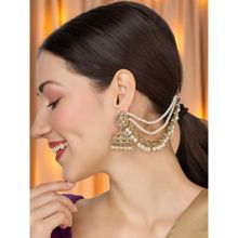 OOMPH Women White Kundan Pearl Jhumka Earrings with Ear Chain