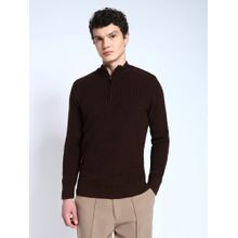 Perch Men's Solid Ribbed Zip Top Pullover Brown Sweater