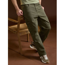 THE BEAR HOUSE Mens Straight Fit Olive Cotton Solid Casual Cargo Pant