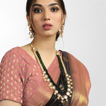 Karatcart Traditional Gold Plated Green and Pearl Beads Polki Kundan Rani Haar Set with Earrings
