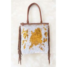 PRAVO Gold & White Sequence Handbag With Leather