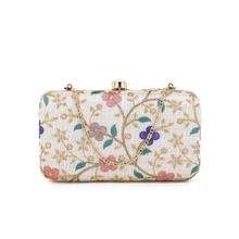 Anekaant Hue Natural & Multi-Color Faux Silk Floral Embroidered Box Clutch