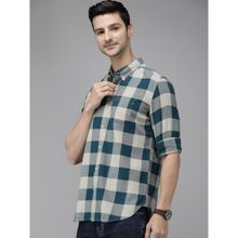 The Bear House Men Teal Bule Checked Button-down Slim Casual Shirt