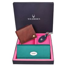 WILDHORN Premium Leather Ladies Wallet, Mens Wallet and Keychain Gift -1K_TE_2052C_K (Set of 3)