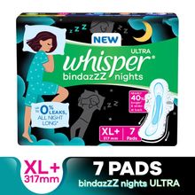Whisper Bindazzz Night Thin XL+ Sanitary Pads For Upto 0% Leaks-40% Longer With Dry Top Sheet, 7 Pad