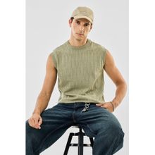 Snitch Olive Ribbed Sleeveless Regular Casual T-Shirt