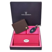WILDHORN Premium Leather Ladies Wallet, Mens Wallet and Keychain Gift -1K_RO_2052BRN_K (Set of 3)