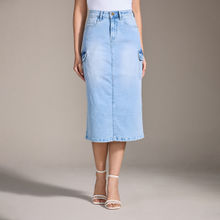 Twenty Dresses by Nykaa Fashion Light Blue Solid High Waist Back Slit Midi Skirt