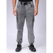 The Indian Garage Co Men Regular Fit Solid Mid Rise Stretchable Denim Cargo Joggers Grey