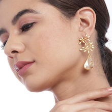Golden Peacock Off-White Stone-Studded Gold- Toned Leaf Shaped Drop Earrings