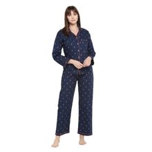 Shopbloom Premium Cotton Flamingo Print Long Sleeve Women's Night Suit | Lounge Wear- Blue
