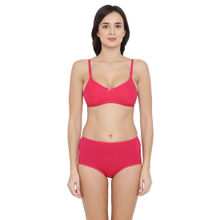 Clovia Cotton Rich Non-Padded Wirefree T-Shirt Bra & High Waist Hipster Panty - Pink