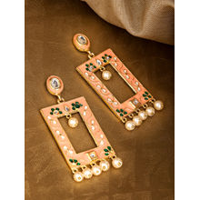 Infuzze Peach-Coloured & Off-White Gold-Plated Beaded Meenakari Geometric Drop Earrings