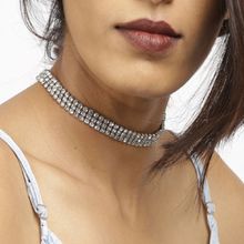 Fabula Silver & White Stone-Studded Multi Layer Fashion Choker Necklace