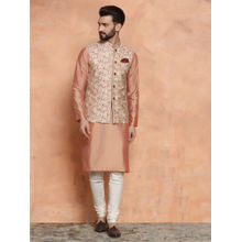 KISAH Men Peach Printed Cotton Blend Kurta Jacket with Churidar (Set of 3)