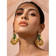 ADIVA Gold Plated Traditional Green Kundan Stone Pearl Ghungroo Kashmiri Drop Earrings
