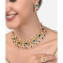 Zaveri Pearls Green & Pink Stones Goddess Laxmi Temple Necklace Earring & Ring-ZPFK14437 (Set of 3)