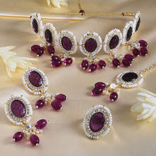 Zaveri Pearls Purple Stones Beads Necklace Earring Ring Maangtikka Set-ZPFK15361