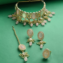Zaveri Pearls Pink Green Kundan Necklace Earring Ring & Maangtikka Set-ZPFK15376