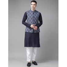 See Designs Men Blue & Beige Printed Pure Cotton Kurta Pyjama with Nehru Jacket (Set of 3)