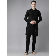 See Designs Men Black Embroidered Sequined Rayon Kurta