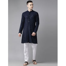 See Designs Men Navy Blue Embroidered Sequined Rayon Kurta