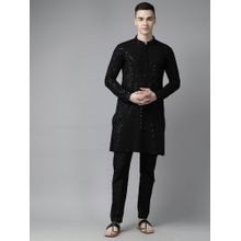 See Designs Mens Black Floral Embroidered Sequined Rayon Kurta with Pyjama (Set of 2)