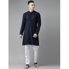 See Designs Mens Navy Blue Floral Embroidered Sequined Rayon Kurta with Pyjama (Set of 2)