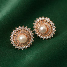 Zaveri Pearls Rose Gold Cubic Zirconia & Pearl Contemporary Brass Stud Earring (ZPFK10094)