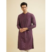 Manyavar Wine Viscose Blend Chikankari Sequins Work Kurta with Pyjama (Set of 2)