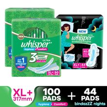 Whisper Day & Night Sanitary Pads with dry topsheet - 100 Ultra Clean XL+ 44 Bindazzz Night XL+ Pads