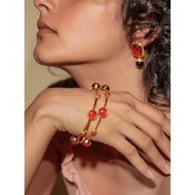 Divas Mantra 92.5 Sterling Silver Red and Gold Sand Bangles with Rose Chalcydony Stone