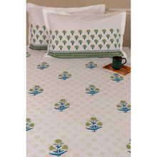 ADYA Mint & Mystic Blue Marigold Hand Block Printed Cotton Bedsheet with Pillow Covers