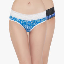 Clovia Cotton Pack Of 2 Mid Waist Printed Hipster Panty With Lace Waist - Blue