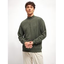 THE BEAR HOUSE Solid Cotton Relaxed Fit High Neck Olive Sweatshirt