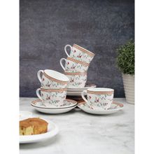 JCPL Fine Ceramic Floral Printed Gardenia Cup & Saucer Set Of 12(6 Cups, 6 Saucers) 180 Ml Each