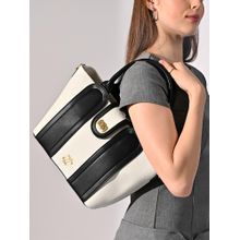 Lavie Signature Off White Synthetic Leather Colorblock Handbag with Detachable Strap