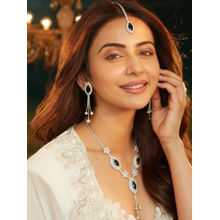 Accessher Silver Black American Diamond Necklace with Earrings & Maangtikka