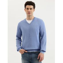 United Colors of Benetton Blue Regular Fit V-Neck Solid Lambswool Pullover Sweater
