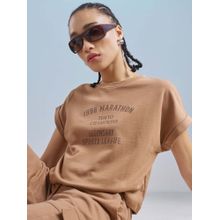 TOKYO TALKIES Women Brown Round Neck Extended Sleeve Relaxed T-Shirt