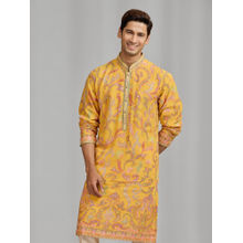 Kora by Nilesh Mitesh Yellow Printed Mandarin Neck Kurta With Pant