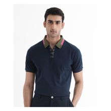 Rare Rabbit Rique Navy Blue Plain Regular Fit Polo T-Shirt