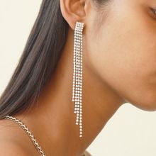 Ayesha Contemporary White Diamante Crystal Studded Silver-Toned Long Asymmetric Tassel Drop Earrings