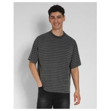 American Eagle Men Black Oversized Stripes T-Shirt