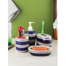VarEesha Indigo Blue Stripes Ceramic 4 Piece Bathroom Accessories Set Soap Dispenser with Accessories